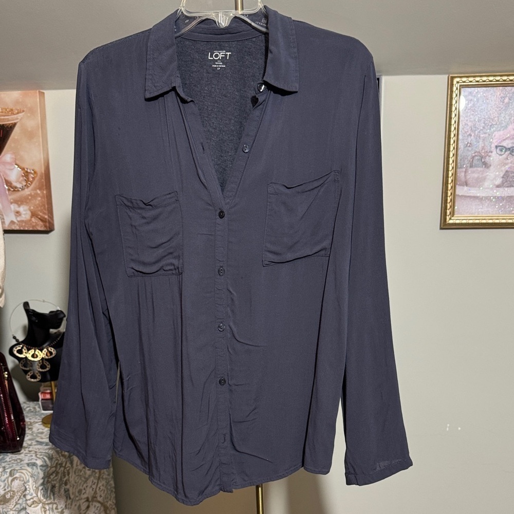 EUC LOFT Deep Blue Mixed Media Casual Shirt with Convertible Sleeves